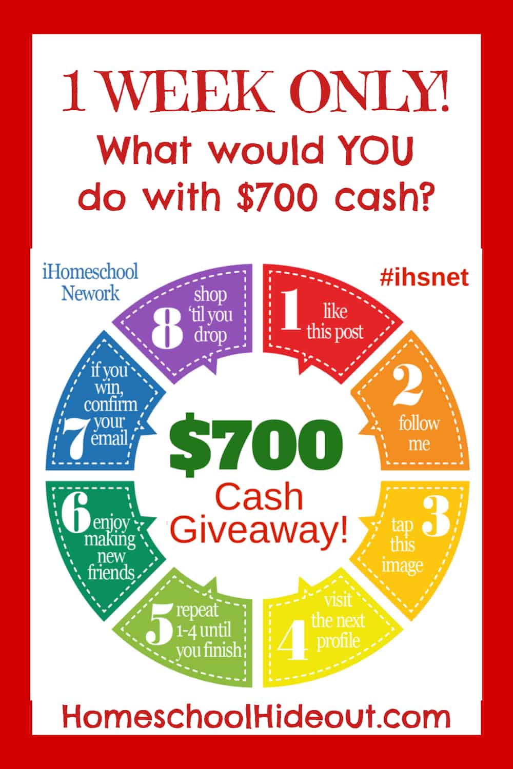 iHomeschool Network is blessing one mama with a $700 cash giveaway! One week only!