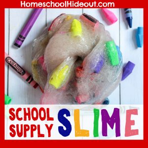 School supply slime is perfect for teachers, students, gifts or as a class project! #teachers #bts #backtoschool #classroom #slime #crayons #art #artsupplies