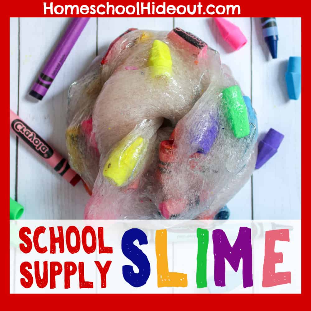 School supply slime is perfect for teachers, students, gifts or as a class project! #teachers #bts #backtoschool #classroom #slime #crayons #art #artsupplies