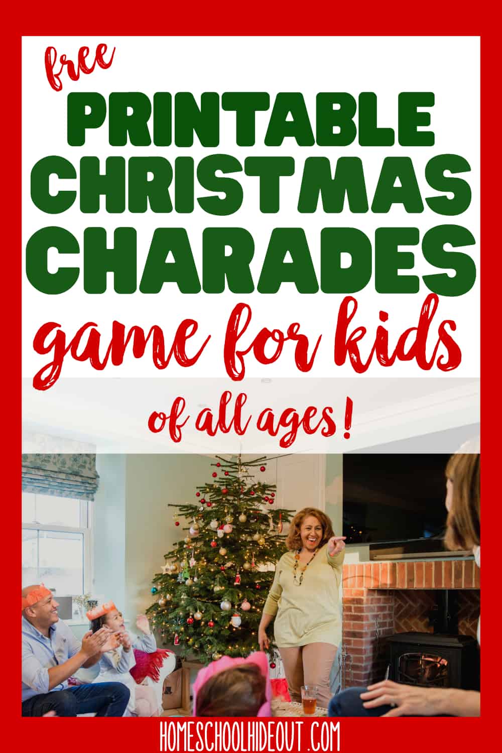 This quick and easy Christmas charades game for kids is the perfect free printable for the holiday party! Funny and cheap, it's a win/win! #christmasgames #charades #cheapentertainment #cheapparty