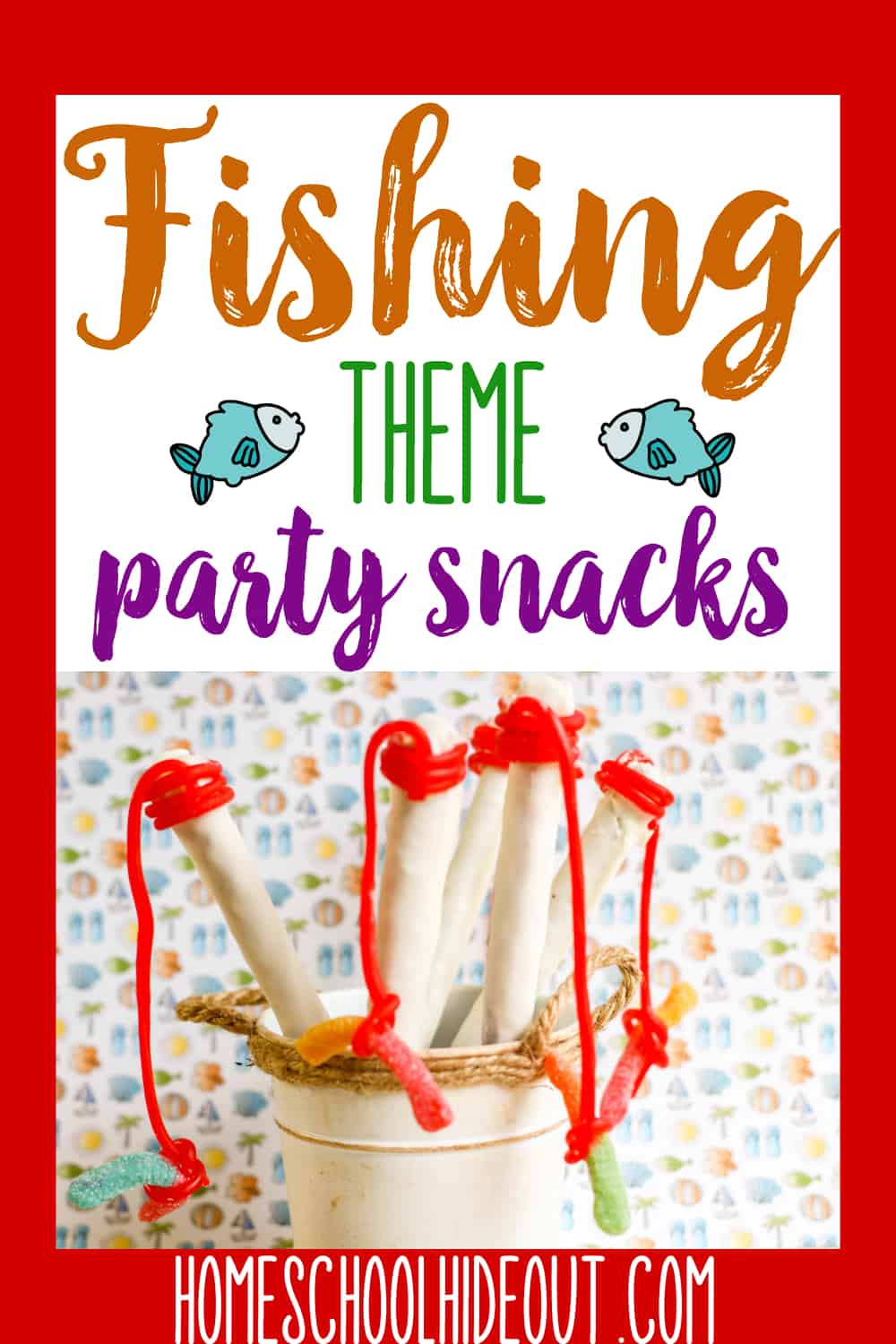 If you're looking for some yummy fishing party snacks, these pretzel rods are just what you need! #fishingparty #themedparty #kidsparties #pretzelrods