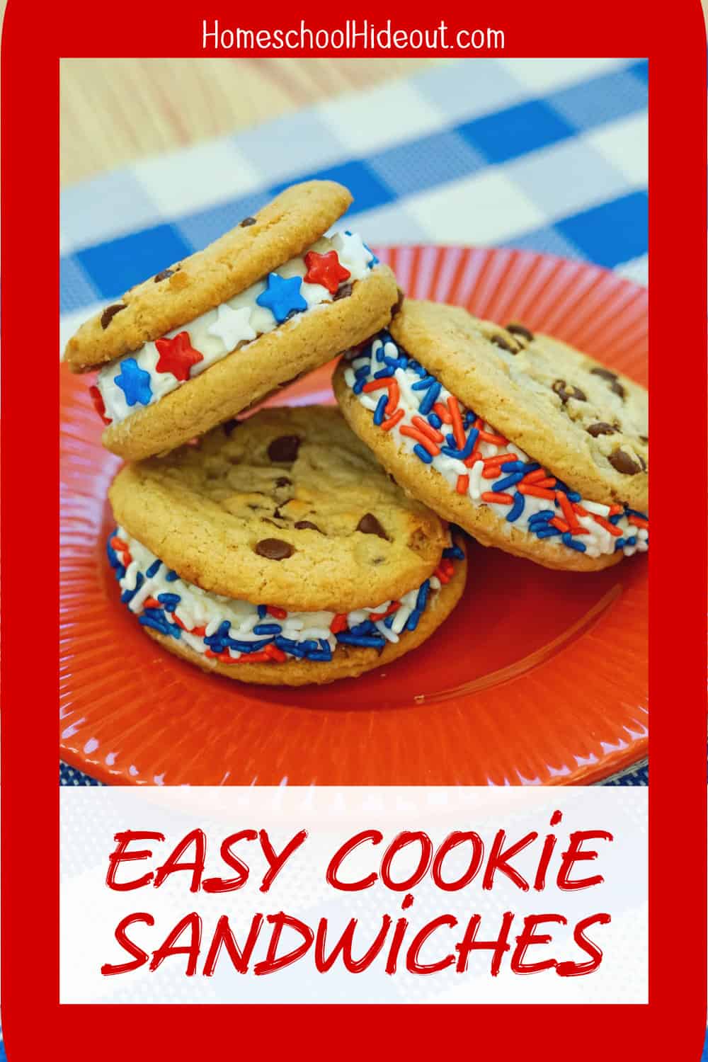 These yummy red, white and blue cookie sandwiches are the perfect treat for hot summer days, barbcues and birthday parties!