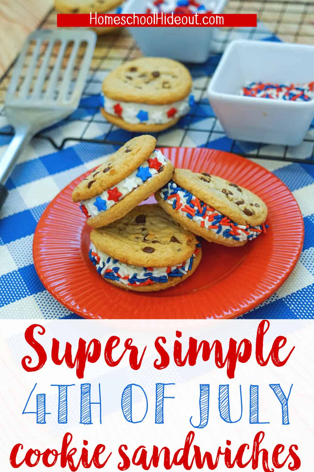 These yummy red, white and blue cookie sandwiches are the perfect treat for hot summer days, barbecues and birthday parties!
