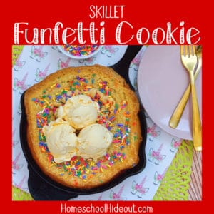 This skillet Funfetti cookie was so easy to make and was stinkin' delicious! We added red, white and black sprinkles for our Disney themed party. EVERYONE loved it!!!