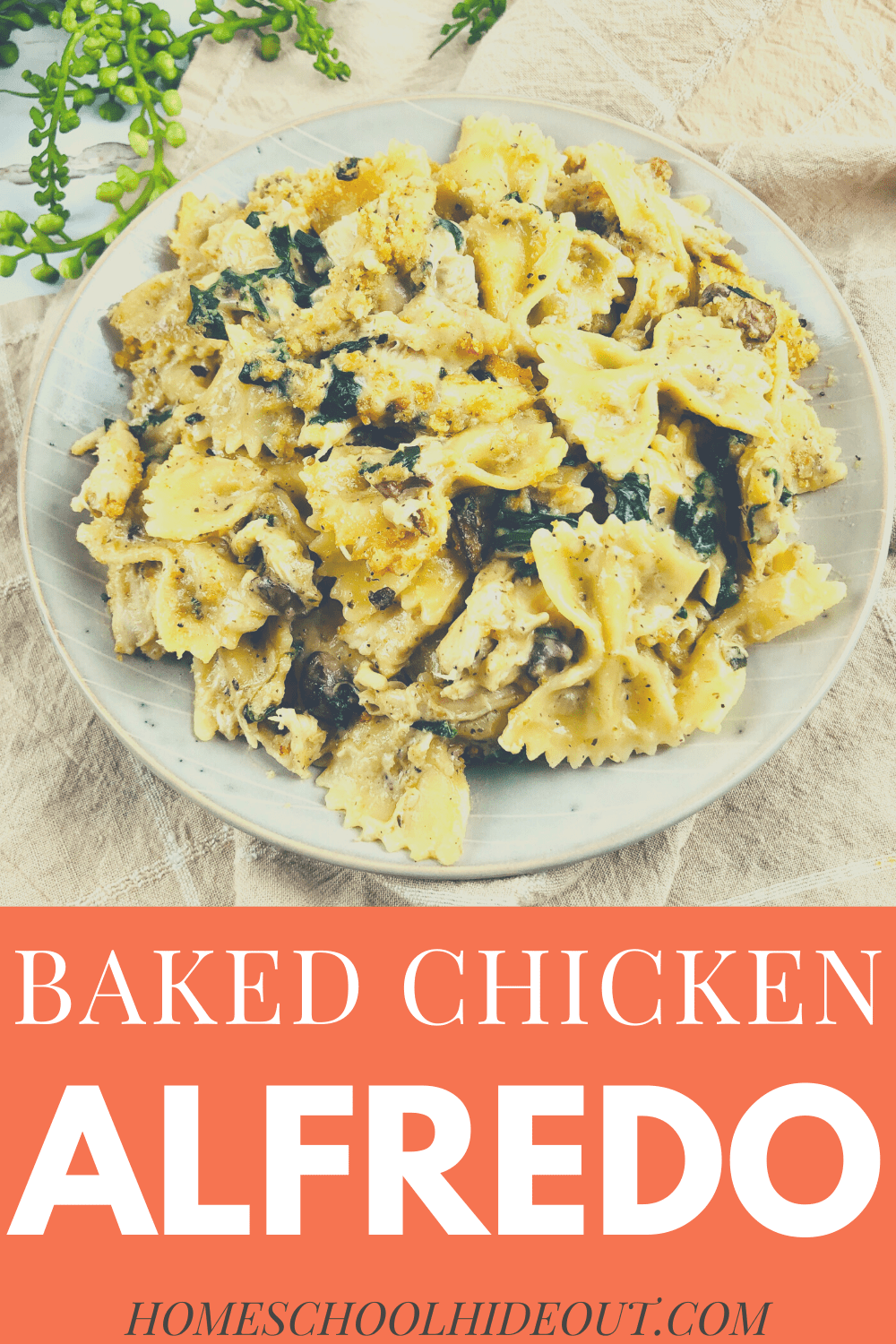 Baked chicken alfredo? YES, PLEASE! I love the simplicity of this recipe and the added spinach and mushrooms is perfect!