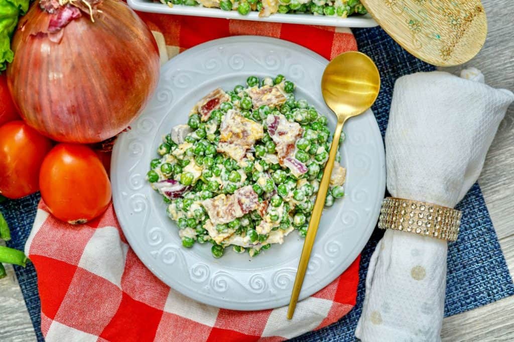 This easy classic pea salad is DA BOMB! I love that it's so easy to throw together and tastes so dang good!